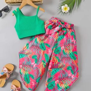 Girls Tropical Print Crop Top Set