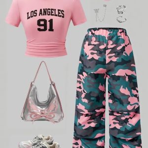 Girls Street Style Crop Top and Camouflage Pants Set