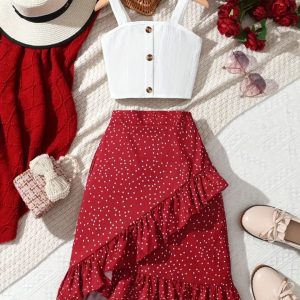 Girls Casual Bohemian Polka Dotted Wrap Skirt with Crop Top